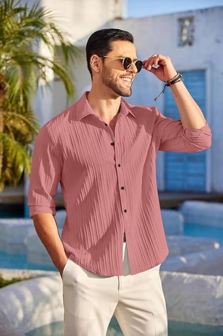 FENRIX STYLE Men's Casual Cotton Button Down Shirt with Long Sleeves, Textured Summer Beachwear