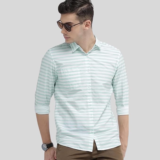 IndoWear Men's Cotton Shirt with Spread Collar, Striped Design, Full Sleeves, Regular Fit, Western Style