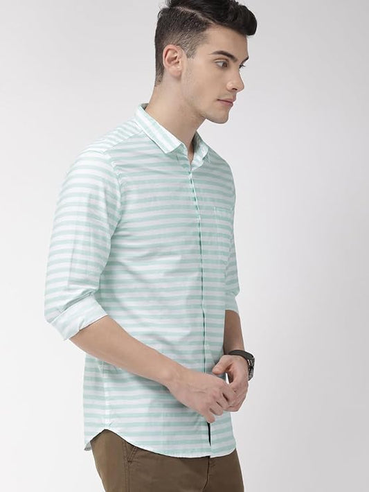 IndoWear Men's Cotton Shirt with Spread Collar, Striped Design, Full Sleeves, Regular Fit, Western Style
