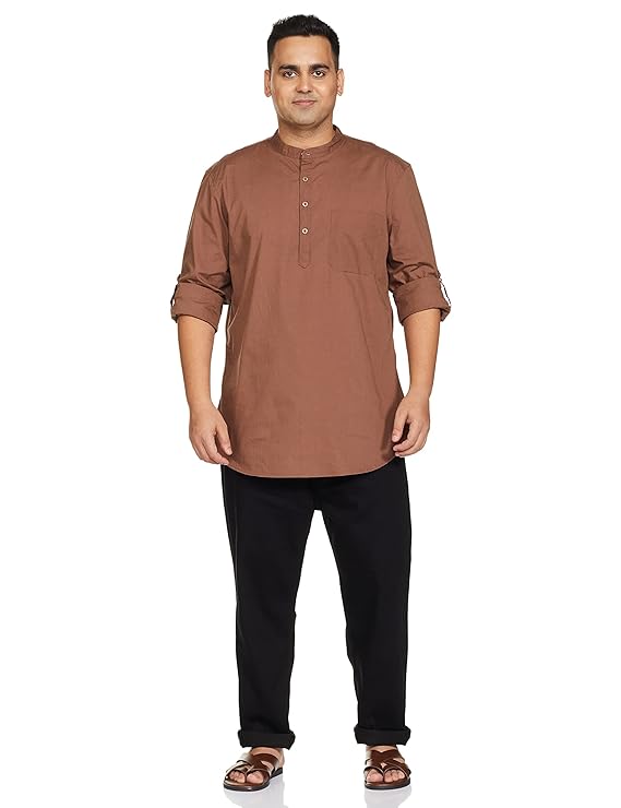 Avelon Brand - Symbolic Men's Cotton Shirt with Kurta Placket, Full Sleeve, Plain Casual Summer Wear, Regular Fit