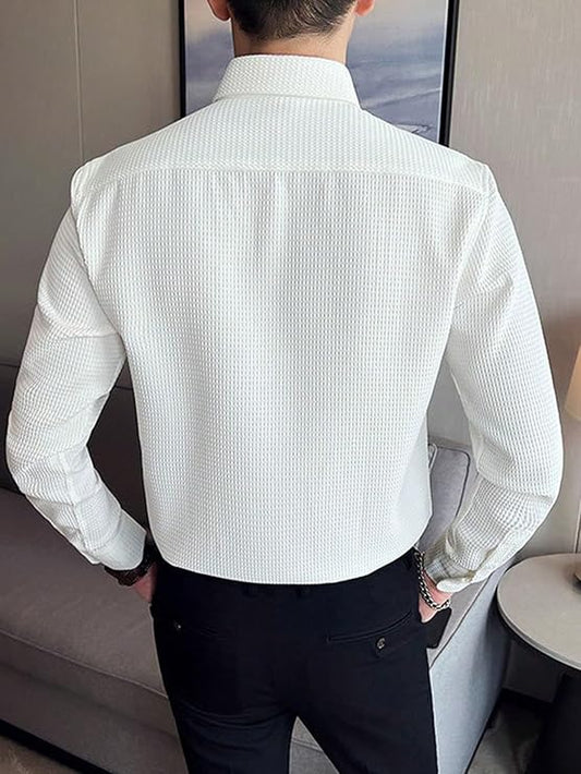 GRANVEL Men's Slim Fit Formal Button Down Shirt | Textured Polycotton Long Sleeve | Plus Size & Combo Pack