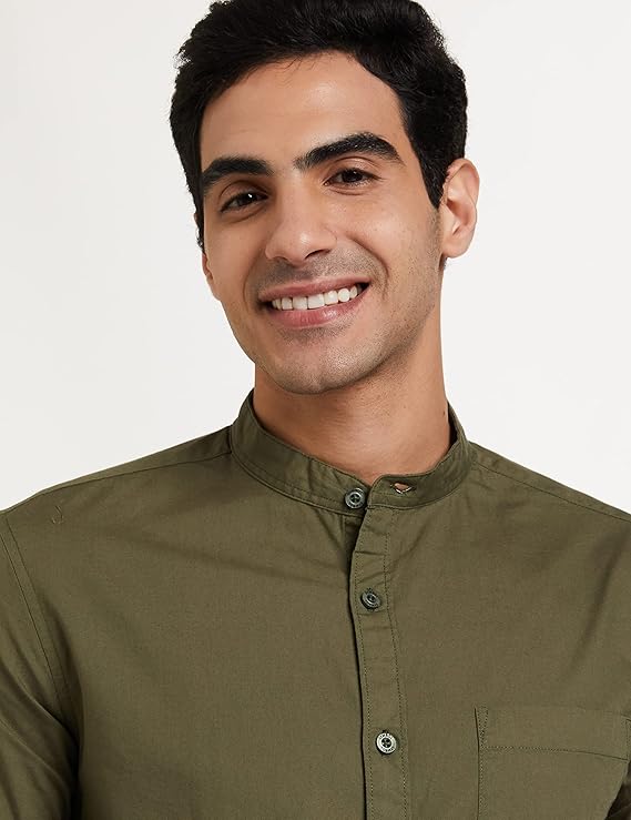 Avenir Style Men's Cotton Shirt with Kurta Placket Design, Casual Plain Full Sleeve Comfortable Wear