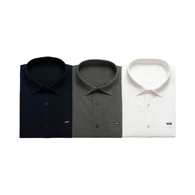 Montario Men’s Cotton Twill Shirt Combo Pack of 3 – Navy Blue, Grey & White – Full Sleeve Regular Fit Casual Shirts