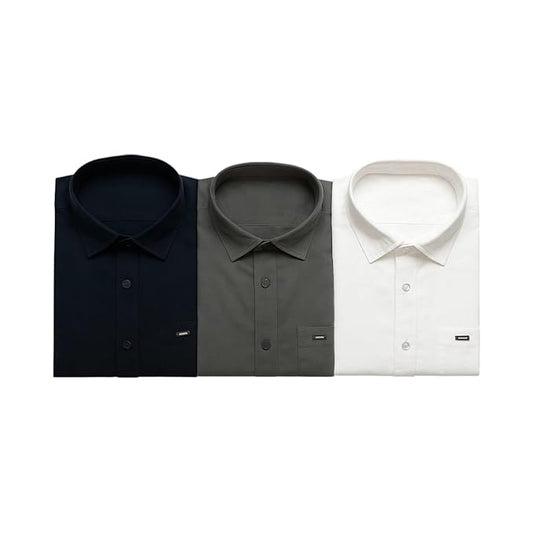 Montario Men’s Cotton Twill Shirt Combo Pack of 3 – Navy Blue, Grey & White – Full Sleeve Regular Fit Casual Shirts