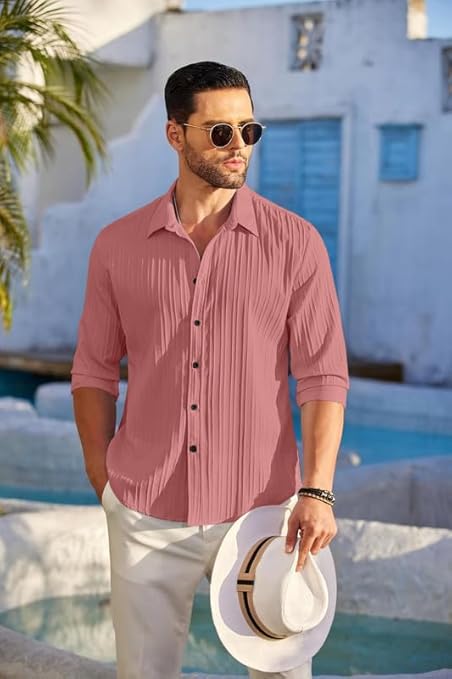 FENRIX STYLE Men's Casual Cotton Button Down Shirt with Long Sleeves, Textured Summer Beachwear