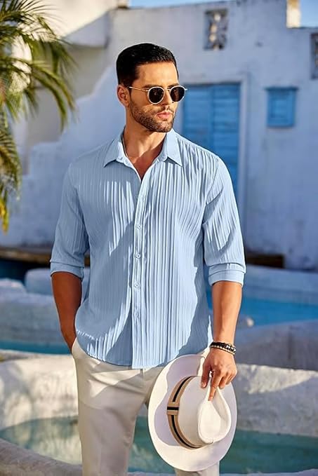 CB-COLEBROOK Men's Casual Button Down Shirts Long Sleeve Linen Shirt Fashion Textured Beach Summer Shirts| Men Stylish Shirt
