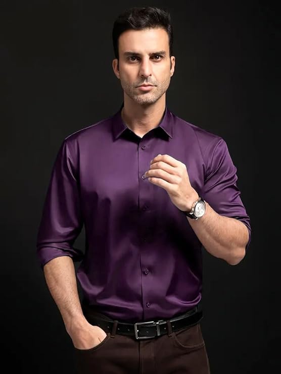 IndoStyle Men's Solid Satin Casual Shirt with Full Sleeves | Stylish and Comfortable Daily Wear