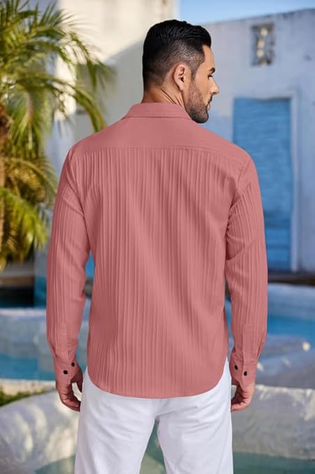 FENRIX STYLE Men's Casual Cotton Button Down Shirt with Long Sleeves, Textured Summer Beachwear