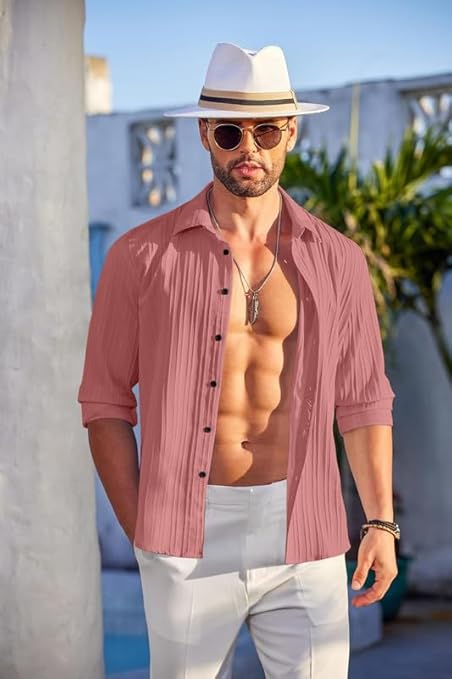 FENRIX STYLE Men's Casual Cotton Button Down Shirt with Long Sleeves, Textured Summer Beachwear