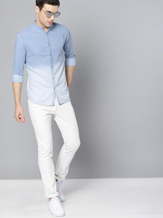 Dennis Lingo Men's Cotton Full Sleeves Cotton Denim Solid Casual Shirt with Mandarin Collar