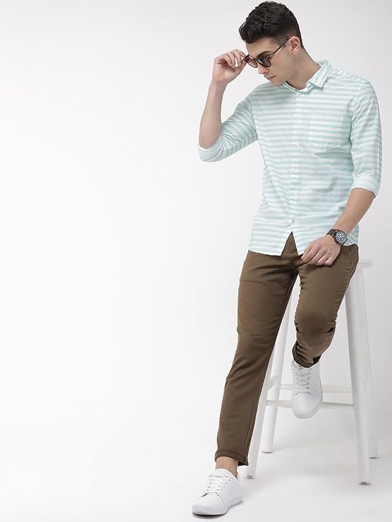 IndoWear Men's Cotton Shirt with Spread Collar, Striped Design, Full Sleeves, Regular Fit, Western Style