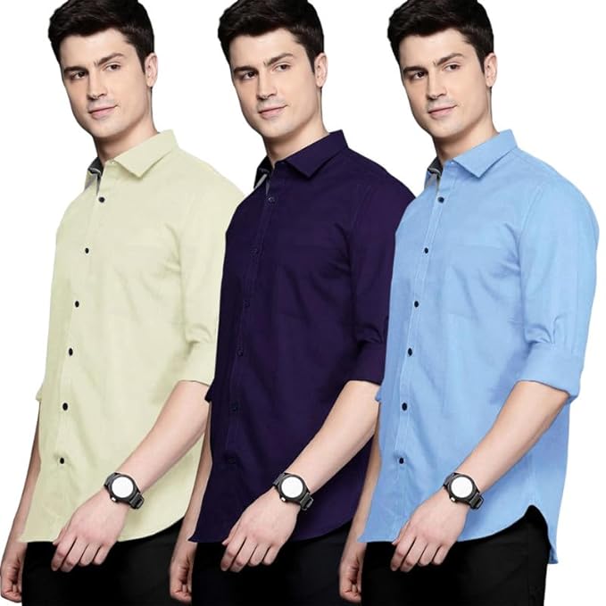 Mervon Men's Cotton Blend Casual Long Sleeve Solid Formal Shirts for Office & Events (Pack of 3)