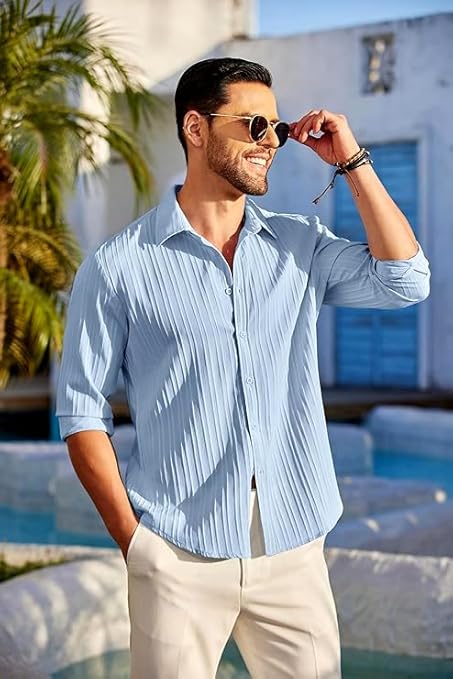 CB-COLEBROOK Men's Casual Button Down Shirts Long Sleeve Linen Shirt Fashion Textured Beach Summer Shirts| Men Stylish Shirt