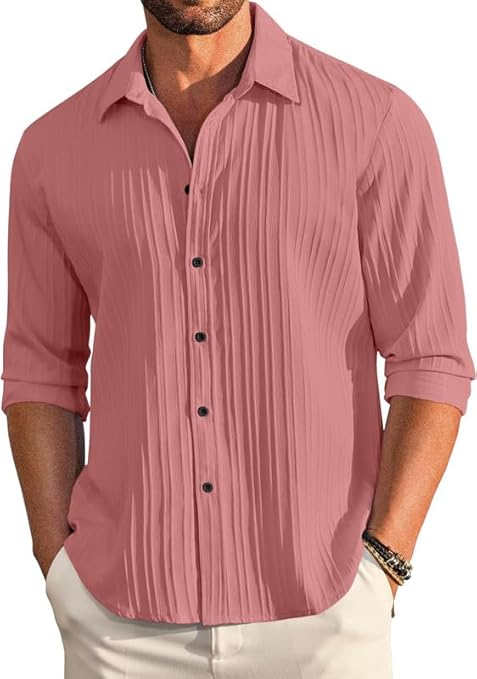 FENRIX STYLE Men's Casual Cotton Button Down Shirt with Long Sleeves, Textured Summer Beachwear