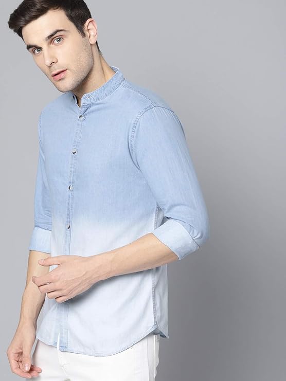 Dennis Lingo Men's Cotton Full Sleeves Cotton Denim Solid Casual Shirt with Mandarin Collar