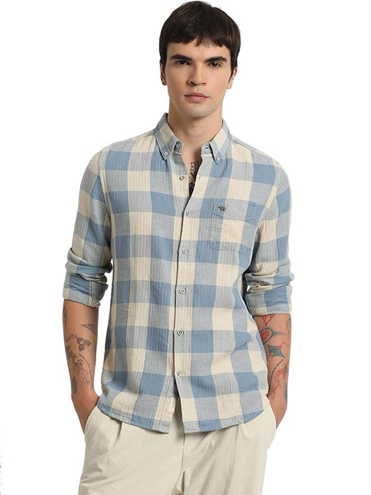 TIMBER HAVEN Men’s Blue Checked Slim Fit Cotton Linen Casual Shirt for Everyday and Semi-Formal Wear