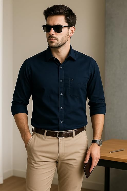 Montario Men’s Cotton Twill Shirt Combo Pack of 3 – Navy Blue, Grey & White – Full Sleeve Regular Fit Casual Shirts