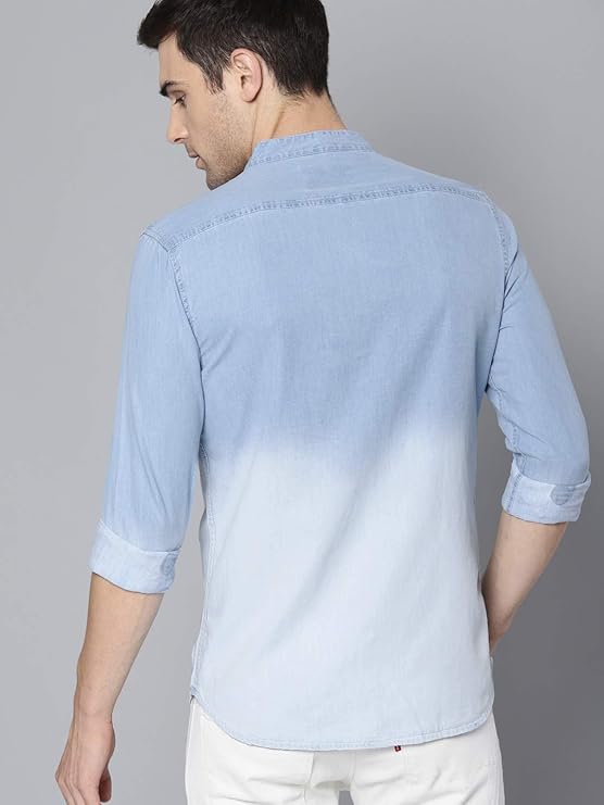 Dennis Lingo Men's Cotton Full Sleeves Cotton Denim Solid Casual Shirt with Mandarin Collar