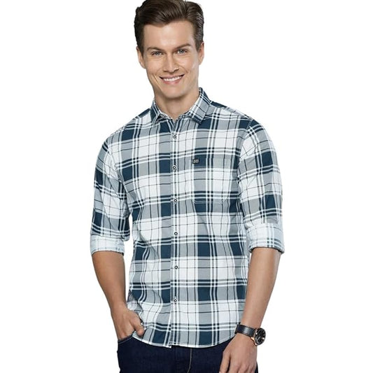 The Indian Garage Co Men's Cotton Slim Fit Checkered Full Sleeves Cutaway Collar Casual Shirt