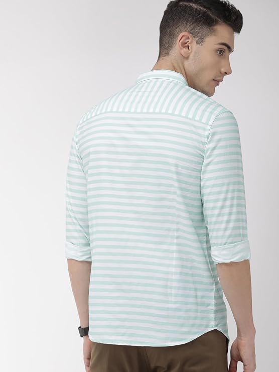 IndoWear Men's Cotton Shirt with Spread Collar, Striped Design, Full Sleeves, Regular Fit, Western Style