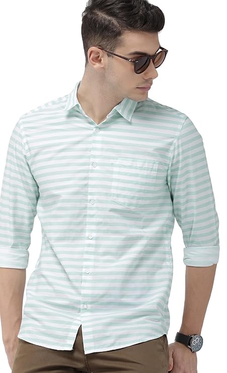 IndoWear Men's Cotton Shirt with Spread Collar, Striped Design, Full Sleeves, Regular Fit, Western Style