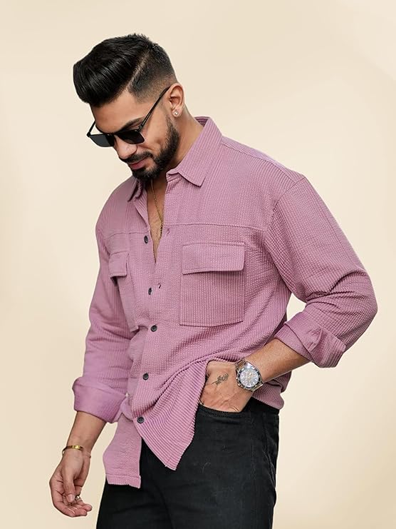 IndoCraft Men's Regular Fit Fancy Double Pocket Full Sleeve Casual Shirt for Stylish Everyday Wear