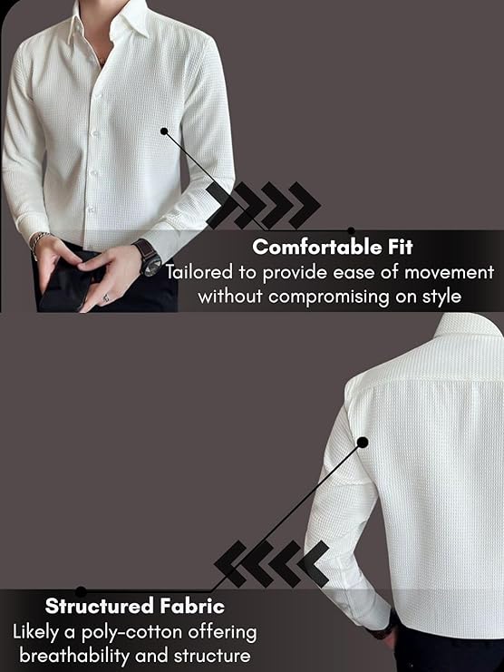 GRANVEL Men's Slim Fit Formal Button Down Shirt | Textured Polycotton Long Sleeve | Plus Size & Combo Pack