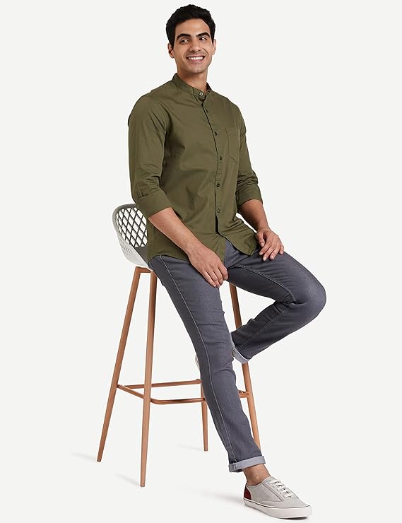 Avenir Style Men's Cotton Shirt with Kurta Placket Design, Casual Plain Full Sleeve Comfortable Wear