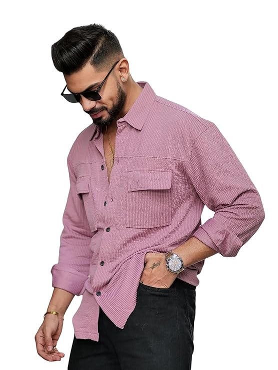 IndoCraft Men's Regular Fit Fancy Double Pocket Full Sleeve Casual Shirt for Stylish Everyday Wear