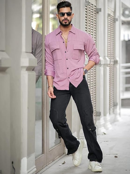 IndoCraft Men's Regular Fit Fancy Double Pocket Full Sleeve Casual Shirt for Stylish Everyday Wear