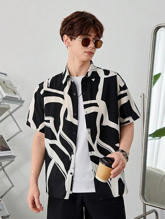 Urbanova Men's Half Sleeve Zebra Print Shirt in Black & White Polyester | Stylish Casual & Semi-Formal Wear