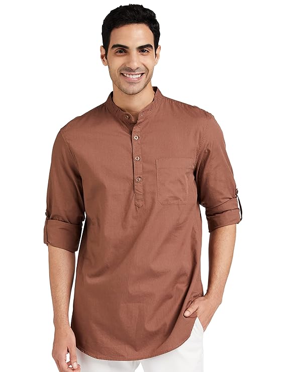 Avelon Brand - Symbolic Men's Cotton Shirt with Kurta Placket, Full Sleeve, Plain Casual Summer Wear, Regular Fit