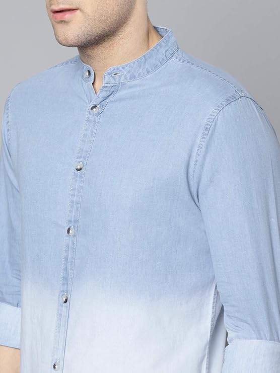 Dennis Lingo Men's Cotton Full Sleeves Cotton Denim Solid Casual Shirt with Mandarin Collar