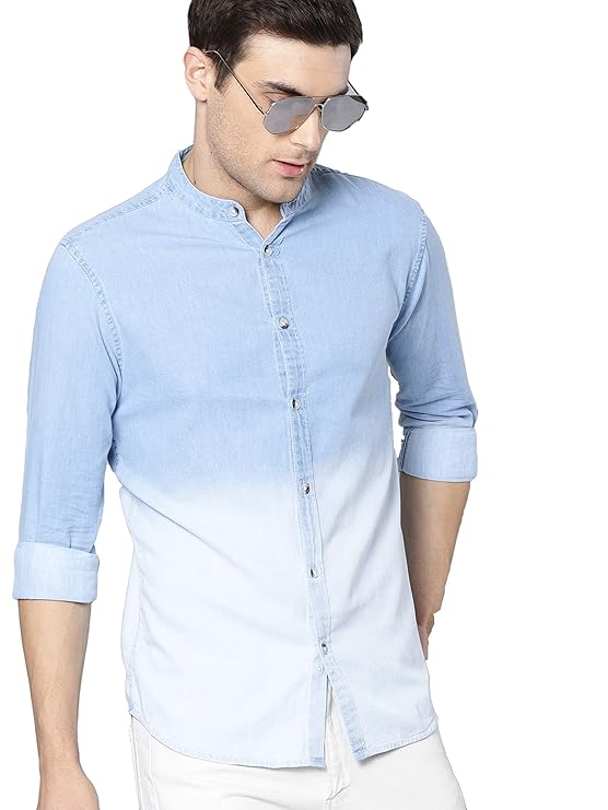 Dennis Lingo Men's Cotton Full Sleeves Cotton Denim Solid Casual Shirt with Mandarin Collar