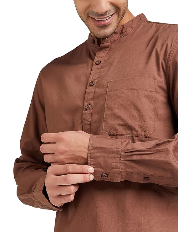 Avelon Brand - Symbolic Men's Cotton Shirt with Kurta Placket, Full Sleeve, Plain Casual Summer Wear, Regular Fit