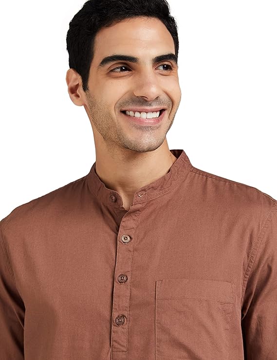 Avelon Brand - Symbolic Men's Cotton Shirt with Kurta Placket, Full Sleeve, Plain Casual Summer Wear, Regular Fit