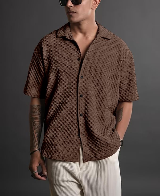 Navoro Casual Shirt for Men | Half Sleeve Button Down Textured Shirt | Stylish Bubble Fashion Shirt